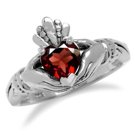 Silvershake Natural Heart Shape Garnet Irish Celtic Claddagh 925 Sterling Silver Ring Size 7