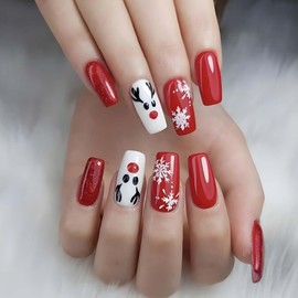 Bufenia False Christmas Nails 24 Pcs Snowflake Ballerina Press on Nails Christmas Coffin nails Acrylic Fake nails for Women and Girls (C)