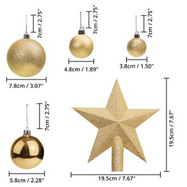 Belle Vous 50 Pack Christmas Baubles - Assorted Size Glittery Gold Baubles with Star Tree Top - Xmas Tree Ball Hanging Ornaments for Christmas Decorations Holiday Party Indoor & Outdoor Decorations
