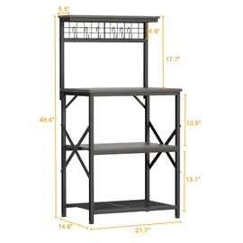 Furologee Kitchen Bakers Rack, Microwave Stand with Storage 4 Tiers, Coffee Bar Station with 6 S Hooks and Pegboard, Kitchen Shelves Rack for Spices, Pots, Black Oak