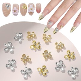 40PCS Gold Flower Nail Art Charms, 3D Metal Alloy Nail Charms Cute Mini Floral Blossom Designs Manicure Jewelry Charms Rhinestones for Women Nail Art DIY