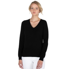 JENNIE LIU Women's 100% Pure Cashmere Long Sleeve Pullover V Neck Jumper(L, Black)