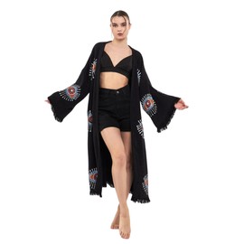 esma cim ec peştemalcim Black Color Evil Eye Pattern Turkish Kimono Robe, Beach Cover Up, Organic Cotton