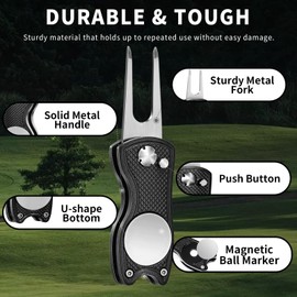 xajie Golf Divot Repair Tool - Foldable Metal Golf Repair Kit with Sturdy Aluminum Alloy Handle & Magnetic Pop-up Button Ball Marker
