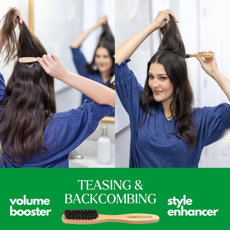 GranNaturals™ Teasing Boar Bristle Brush for Slicking Back Hair, Smoothing