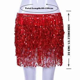 Prosy Belly Dance Skirt with Sequins for Women Tassel Belt Female Wrap Scarf Rave Music Festival Costume (Red)