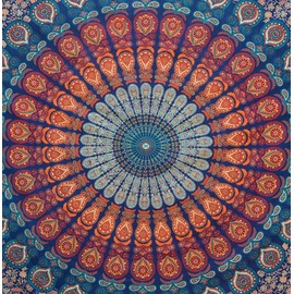 Bless International Handmade Indian hippie Bohemian Psychedelic Peacock Mandala Wall hanging College Dorm Beach Throws Table Cloth Bedding Tapestry (Golden Blue, Medium(54x60Inches)(137x152cms))