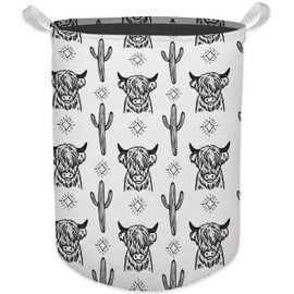 HKTZM Western Laundry Basket, Retro Western Highland Cow Cactus Waterproof Collapsible Laundry Hamper Dirty Clothes Storage Toy Bin Organizer for Western Bathroom Bedroom, Western Home Decor