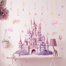 2 Sheets Princess Wall Decals for Girls Bedroom Purple Pink Wall Stickers & Murals Peel and Stick Vinyl Castle Wall Decor Large Removable Girls Room Art with Stars & Clouds