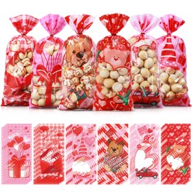 Pasimy 120 Pcs Valentine Cellophane Bags Bulk Valentines Day Plastic Gift Bags with 120 Twist Ties Heart Shaped Window Candy Treat Goodie Bags for Kids Party Favor Classroom Exchange Gifts Supplies