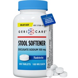 GeriCare Docusate Sodium Stool Softeners, Best Stool Softener for Daily use for Women, Men, and Elderly - Ideal for Constipation Relief 100mg Crushable Tablets. (200 Count) Made in The USA.