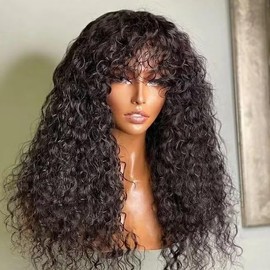 20 inch Kinky Curly Human Hair Wigs with Bangs None Lace Front Wigs Human Hair for Black Women 150% Density Machine Made Curly WigsHuman Hair with Bang Natural Color
