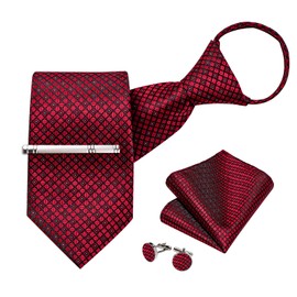 DiBanGu Mens Red PreTied Zipper Ties and Pocket Square Cufflinks Tie Clip Set Party Wedding