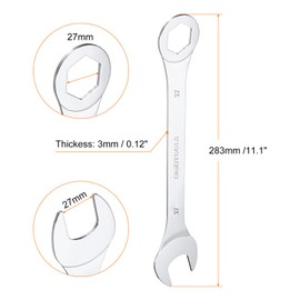 sourcing map Thin Combination Wrench Metric 27mm 6-Point Ended Box 15 Degree Offset Open End CR-V Chrome Plated Steel, Silver