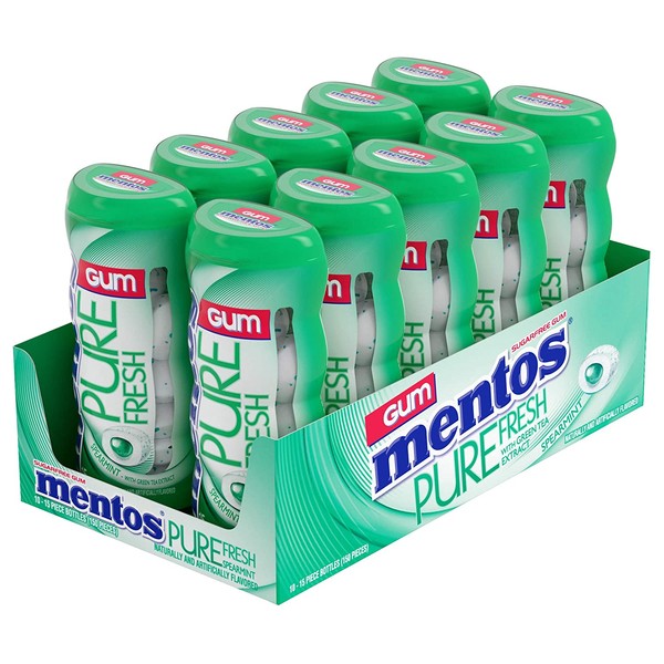 Mentos Pure Fresh Sugar-Free Chewing Gum with Xylitol, Spearmint, 15 Piece Bottle (Bulk Pack of 10)