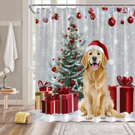 GCTNBJL Christmas Dog Shower Curtain Cute Animal Funny Dog Xmas Tree Snowflake for Pet Lover Winter Holiday Festival 70x70(WxH) Inches Bathroom Decor Fabric Curtain with Hooks