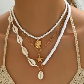 Bohemian Puka Shell Necklace Starfish Necklace Seashell Choker Necklaces for Women Beach Vacation Essentials Summer Outfits for Women Holiday Beach Surfer Jewelry