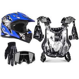 Typhoon Kids Pee Wee Offroad Gear Combo Helmet Gloves Goggles Chest Protector Motocross ATV Dirt Bike Blue - Medium