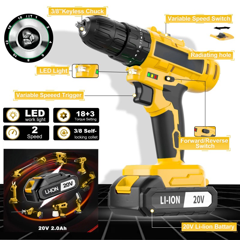 20V 3 in 1 Cordless Drill Impact Wrench Set Brushless