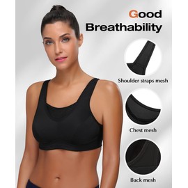 WingsLove Women's High Impact Sports Bra Full Coverage Wirefree Non Padded Workout Bra Plus Size(Black,44DD)