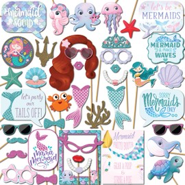 Mermaid Photo Booth Props - 41-pc Photobooth Kit with 8 x 10-Inch Sign, 60 Adhesive Pads, 45 Sticks - Mermaid Photo Props - Photo Booth Props Sea - Mermaid Photo Cutout