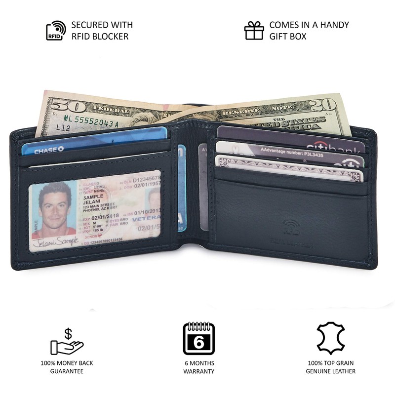Real Leather Mens Bifold Wallet RFID Blocking Slim Minimalist Front