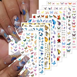 8 Sheets Butterfly Nail Art Stickers Decals 3D Self-Adhesive Pink Blue Colorful Butterflies Wings Design Nail Decals Spring Summer Floral Flower Nail Supplies for Women Acrylic Nail Art Decoration DIY