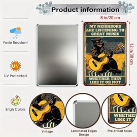 Funny Cat Guitar Metal Signs Vintage Rock Music Wall Decor - Music Gifts For Man Cave Tiki Bar Accessories Home Pub or Outdoor Garden Bar Plaque, My Neighbors Are Listening To Great Music 20x 30cmls