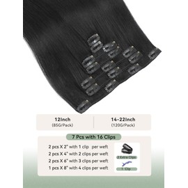 Bellecho Clip in Hair Extensions Real Human Hair, Silky Straight Real Remy Human Hair Extensions Clip ins, Black Clip in Extensions for Women, 20inch 120g 7Pcs, 1# Jet Black