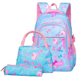 3PCS School Backpack for Girls, Kids Bookbags Set Primary Girls Students (Daypack + Lunch Bag + Pencil Case, Light Blue)