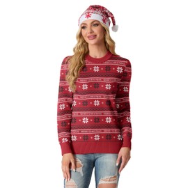 QIXING Women's Christmas Jumpers Funny Xmas Tree Reindeer Knit Long Sleeve Sweaters for Women UK Tops(Red Snowflake, L)