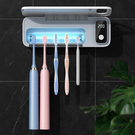 StarWin Toothbrush Cleaner, 5 Slots Wall Mounted Toothbrush Holder for Bathroom, Timer Function, Cordless & No Drilling