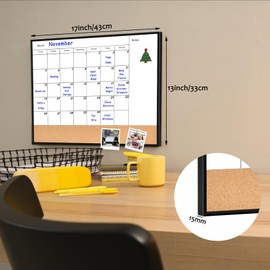 Okydoky Whiteboard Calendar & Corkboard, 13" x 17" Dry Erase White Board & Bulletin Board, Black Aluminum Frame Calendar/Cork Combo Board(ZHYL-BK Alu-3343-A)