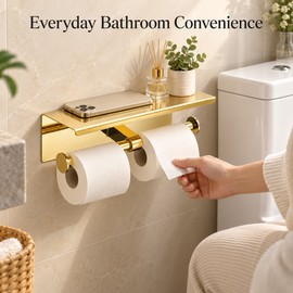 Wall Mounted Double Toilet Paper Holder with Shelf, 304 Stainless Steel Rust-Resistant Tissue Roll Holder for Bathroom