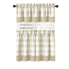 GoodGram Modern Country Farmhouse 3 Piece Buffalo Plaid Checkered Cafe Kitchen Curtain Tier & Valance Set - Assorted Colors & Sizes (Linen, 36 in. L)