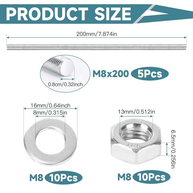 Pack of 5 Threaded Rods M8 x 200 mm, Threaded