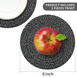Trivets for Hot Dishes, Large Trivet for Hot Pots and Pans 8 inches, Hot Pads for Kitchen Table, Coasters Cotton Mat to Protect Counter, Cooking Potholder (Deep Grey 5 Pcs)