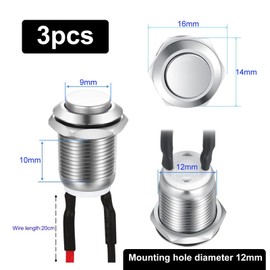 3 Pack 12V Prewired Waterproof Push Button Switch – Momentary (Self-Reset) Stainless Steel Mini Round Push Start Button, Small Round 12mm Power Switch, IP65 Metal Pushbutton for Car DIY Electronics