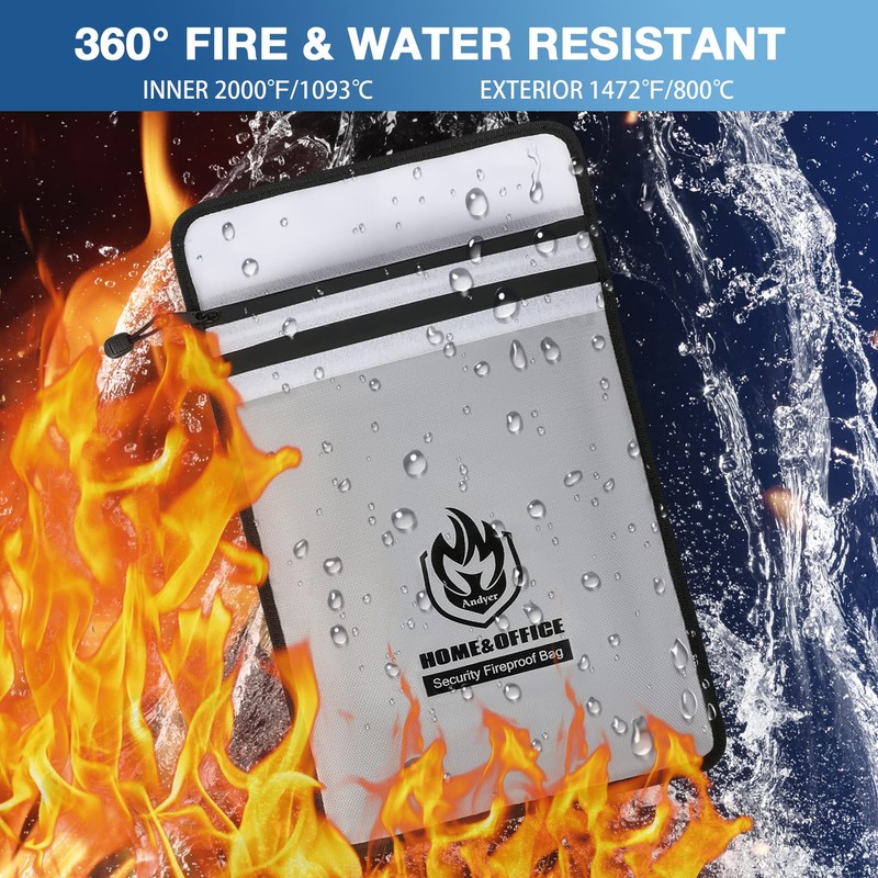 Upgraded Two Pockets Fireproof Document Bag (2000℉), andyer 15”x 11”Waterproof