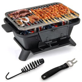 HAPPYGRILL Cast Iron Charcoal Grill, Portable Hibachi Grill w/Air Regulating Door & Fire Gate, Grate Lifter, Double-sided Japanese Stove for Outdoor Camping Backyard Barbecue Party