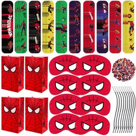 Spider Birthday Party Supplies, Include 16 Gift Bags without Handles, 16 Paper Masks, 30 Slap Bracelets, 50 Theme Stickers, for Party Candy Bags Stuffing Rewards