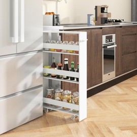 DREAMADE Slim Storage Cart, 4 Tier Narrow Storage Cabinet Between Washer and Dryer, 4 Universal Wheels w/Convenient Handle, Modern Skinny Bathroom Cart for Kitchen, Bathroom, Laundry Room (White)