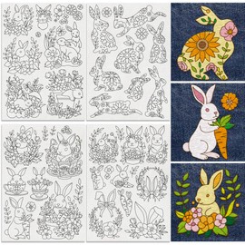 DOODLREAM 32Pcs Rabbit Flower Water Soluble Hand Sewing Stabilizers, 21 x 29.7cm Leaf Bunny Embroidery Pattern Stabilizer, 4 Sheets Floral Cows Stick and Stitch Embroidery Paper Sticker
