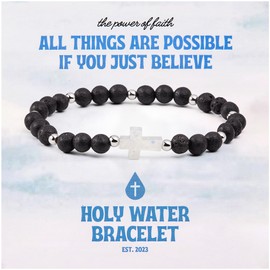 Holy Water Inspirational Stretch Bracelet For Men Real Lava Rock Beads 2 Colors (Silver)