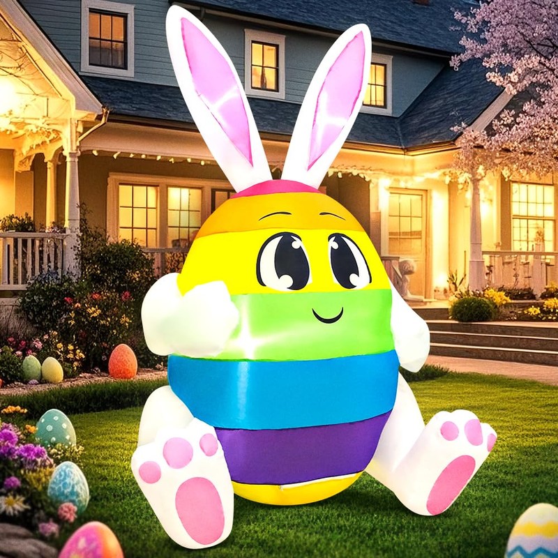 5FT Easter Inflatables Outdoor Decoration Colorful Egg with Bunny Ears,