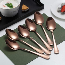 Rose Gold Dinner Spoons, Kyraton 6 Pieces 8" Stainless Steel Dinner Spoon with Titanium Copper Plating, Rose Gold Soup Spoons, Spoons Sliverware Dishwasher Safe Set of 6