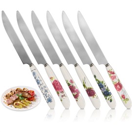 Butter Knives Set of 6 – Fancy Butter Knife Set with Easy-to-Grip Floral Ceramic Handles, Serrated Stainless Steel Blade – Sturdy, Polished, Dishwasher-Safe Design for Daily Use & Festive Occasions