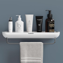 Coalinker Shower Shelf with Towel Bar- Modern Bathroom Organizers Storage Self Adhesive Strong- Caddy Stick to Wall Mounted Rack- No Drilling Rustproof Plastic Acrylic White- Home Apartment