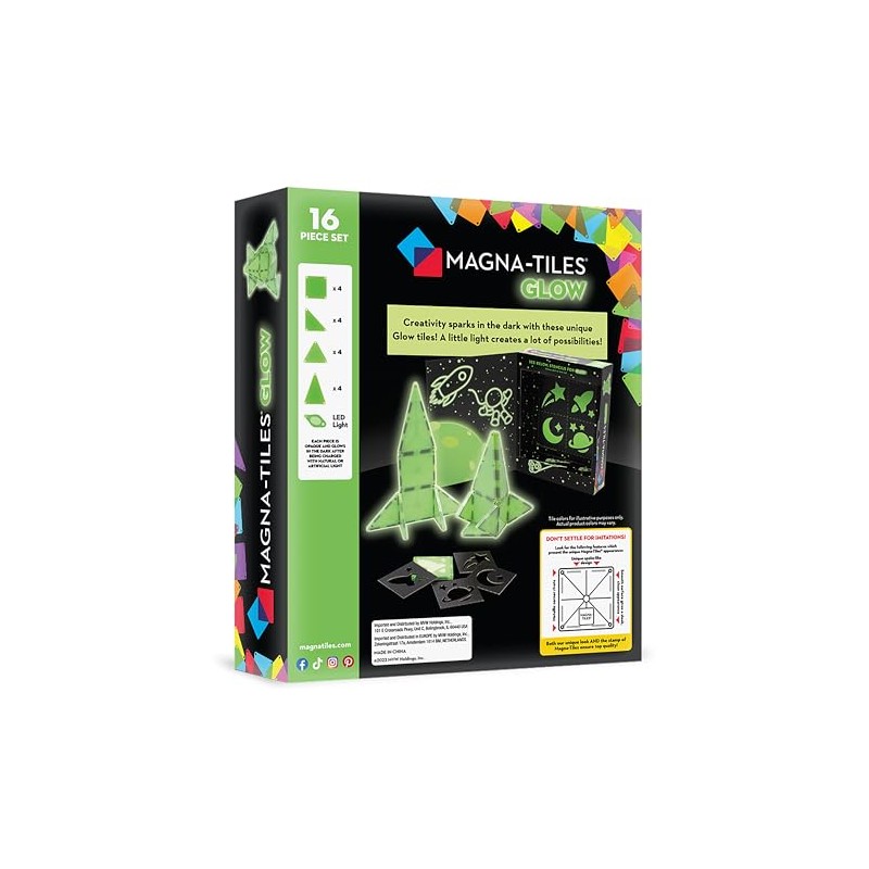 Magna-Tiles Glow - Juego de construcción magnética de 16 Piezas,