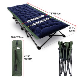 REDCAMP Folding Camping Cots for Adults with Mattress Pad, Soft and Comfortable for Outdoor Indoor Office Sleeping (Blue Thicker Pad, Green Oversized Cot)
